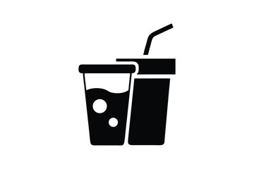 Refreshing Beverage Icons:  Simple Black and White Graphic Illustration of a Soda Cup and a Disposable Drink Cup with Straw, Ideal for Menus, Websites, and Branding Materials, Conveying a Clean and Mo