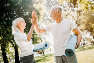 High five, senior couple and park for fitness goals, happy for wellness win with workout and yoga mat. Success, support and exercise, man and woman for retirement bonding outdoor rehabilitation