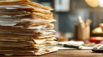 Closeup view of disorganized heaps of vintage documents cascading over an office desk symbolizing the complexities and inefficiencies of bureaucratic systems in modern workplaces.