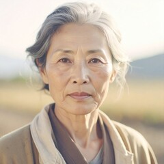 mature asian woman farm worker portrait, close up