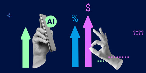 AI-driven mobile assistant boosts financial growth. Smartphone with AI icon and hand gesture OK below arrows with percent and dollar symbols. Minimalistic art collage