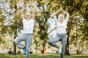 Mental balance from workout. Smiling senior husband and wife holding hands in namaste gesture over head during yoga training on fresh air. Healthy couple with grey hair feeling peaceful and relaxed.