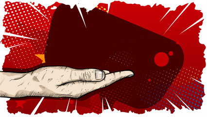 Open hand holding blank speech bubble on comic style promotional banner template