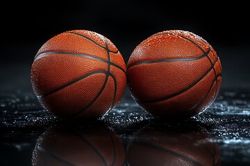 Two wet basketballs with water droplets on a reflective surface against a dark background