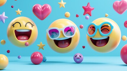 Vibrant 3D emoji faces and glossy stars, showing various emotions, set on a bright turquoise background.
