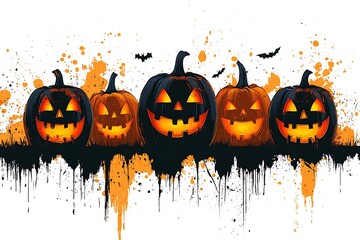 Vector illustration of five carved Halloween pumpkins with glowing orange faces and bats