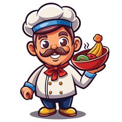 Cartoon chef holding a bowl of fruit and a banana