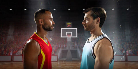 Two male basketball players stare down each other on the 3D court, ready for a competitive game....