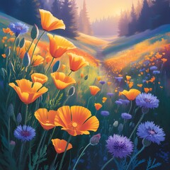 Painting of a field of flowers with a sunset