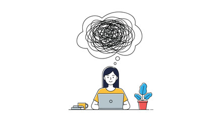 Fototapeta premium Woman feeling overwhelmed thinking about complex problems while working on laptop in office space