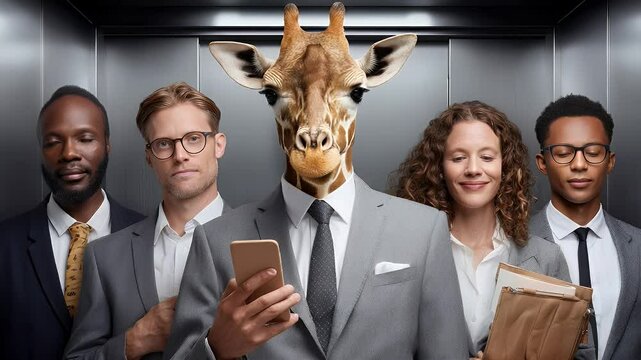 Giraffe head businesspeople elevator