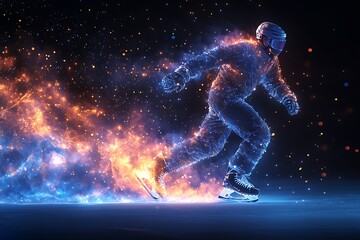 Abstract Ice Hockey Player Skating with Energy Trails and Blue Orange Particle Effects on Dark