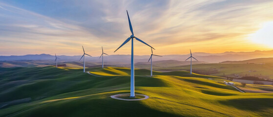 Wind Turbines on Rolling Green Hills – Clean Energy Landscape at Golden Hour