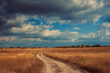 Fototapeta premium Rural road winding through the field beneath the sky and clouds