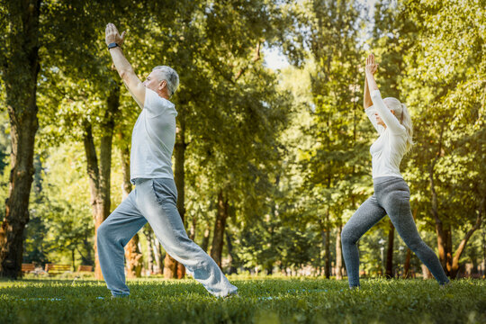 Happy positive fit mature couple of senior woman and man practicing partner yoga on open fresh air outside standing barefoot in warrior Virabhadrasana pose in nature on open air of city park exterior