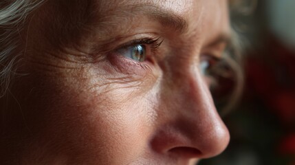 Fototapeta premium Close-up of a mature woman's eye highlighting emotion and wisdom amidst a soft, natural background