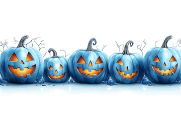 Blue Halloween Pumpkins with Glowing Orange Faces in a Row on White Background image
