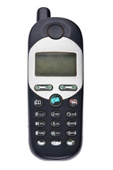 Classic mobile phone from the early 2000s with simple design isolated on white background.