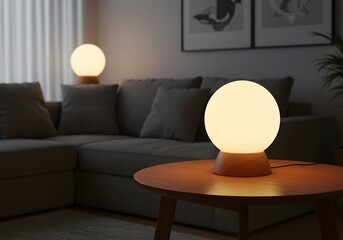 A glowing spherical lamp illuminates a cozy living room on a wooden table