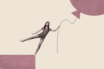 Banner image 3d artwork photo collage of happy businesswoman businessman hold air balloon fly goal...