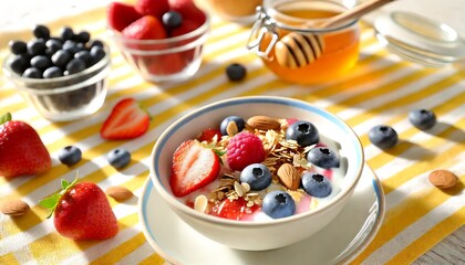 Bright summer breakfast with cereal, berries, and honey on a sunny terrace, cozy and fresh morning vibe