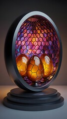Unique decorative eggs with glowing accents displayed