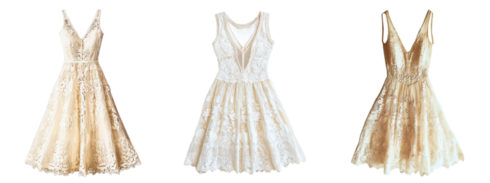 Collection of delicate lace dresses with floral patterns and soft V-neck A-line silhouettes isolated on a white or transparent background
