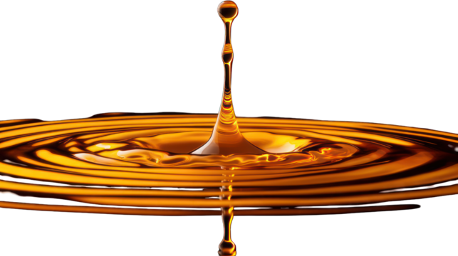 Amber liquid drop impacting water, creating ripples