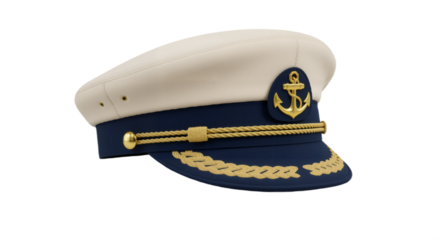 Classic Sailor's Cap with Anchor Emblem Against White Background, Symbolizing Maritime Tradition, Authority, and Nautical Style