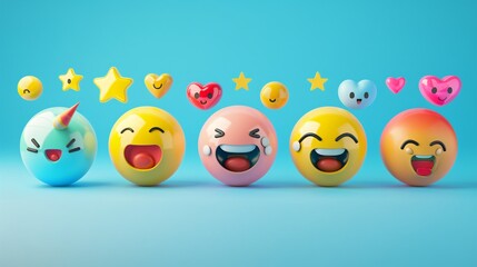 Vibrant 3D emoji faces and glossy stars, showing various emotions, set on a bright turquoise background.