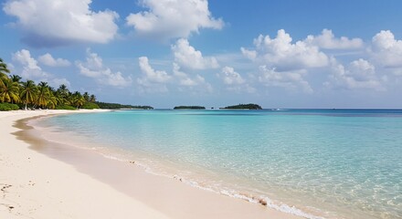 Fototapeta premium Tropical beach paradise with turquoise water, white sand and lush palm trees