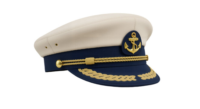 Classic Sailor's Cap with Anchor Emblem Against White Background, Symbolizing Maritime Tradition, Authority, and Nautical Style