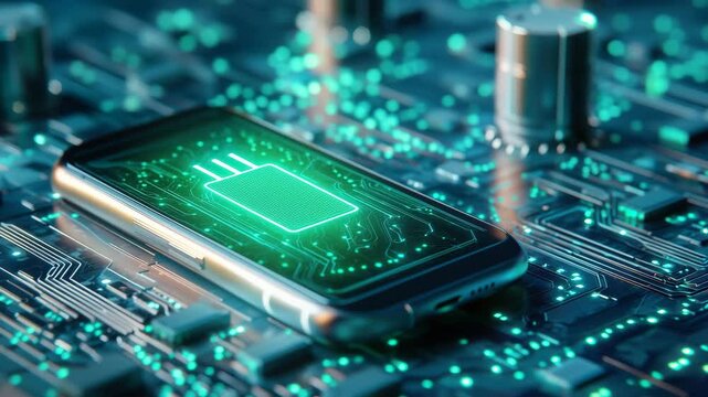 Futuristic smartphone with glowing battery icon digital circuit board, symbolizing advanced technology, innovation, energy efficiency, and electronic connectivity glowing, futuristic digital setting - Powered by Adobe