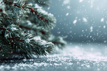Christmas and New Year scene featuring snow and fir branches with selective focus and a toned effect