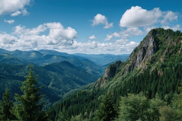 Fototapeta premium Scenic summer mountains with trees and fluffy clouds