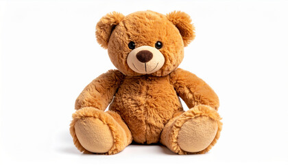 Obraz premium A plush brown teddy bear sits upright against a white background, its paws resting on its lap.