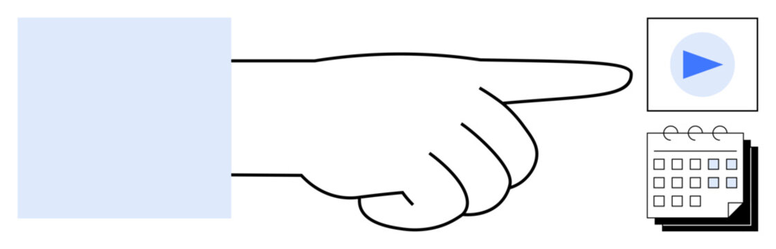 Outstretched hand directs toward play button and calendar, combining action, scheduling, and planning. Ideal for organization, reminders, tasks, deadlines, decision-making productivity simple flat