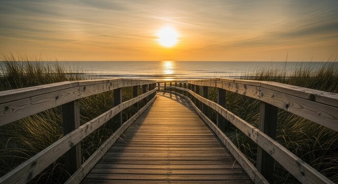 Wooden walkway towards ocean sunset beach grass