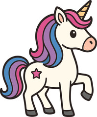 Adorable Cartoon Unicorn with Colorful Mane and Star Mark