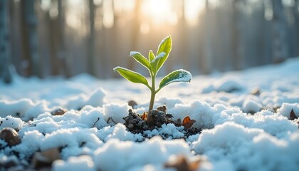 A small green plant growing in snow with a sunlit forest background