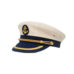 Classic Sailor's Cap with Anchor Emblem Against White Background, Symbolizing Maritime Tradition,...