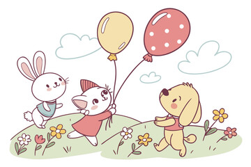 Fototapeta premium cute animals holding a ballons 