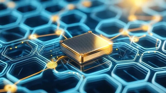 Futuristic microchip on glowing blue circuit board, advanced electronic technology innovation, digital connectivity, abstract modern design, high tech component, science network, blue and gold pattern