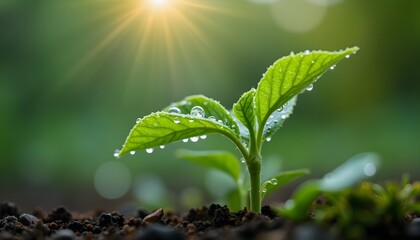 A young sprout glistening with water droplets against soft sunlight