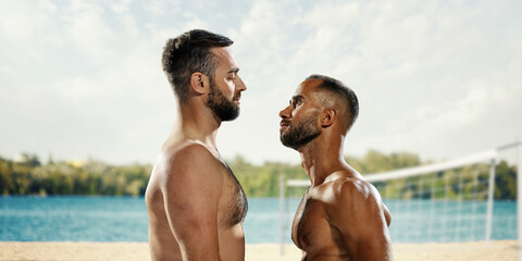 Two shirtless men face each other with fierce expressions on a sandy beach near a 3D volleyball...