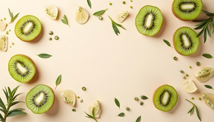 An artful arrangement of kiwi halves lemon wedges green leaves and tiny green beads on a light peach background