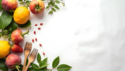 Arrangement of peaches lemons a strawberry leaves wooden forks and small red berries on a white background