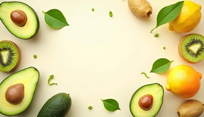 Fruit arrangement featuring avocado halves kiwis lemons and small green leaves on a light background