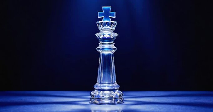 A clear, blue glass chess king piece, sharply focused, on a dark blue surface