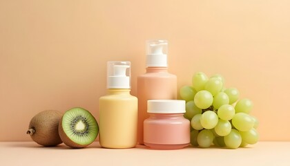 Image of pastelcolored skincare bottles with kiwi halves and green grapes on a pale peach background